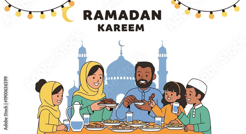Vector illustration of a family breaking fast together during Islamic Ramadan at home with loved ones