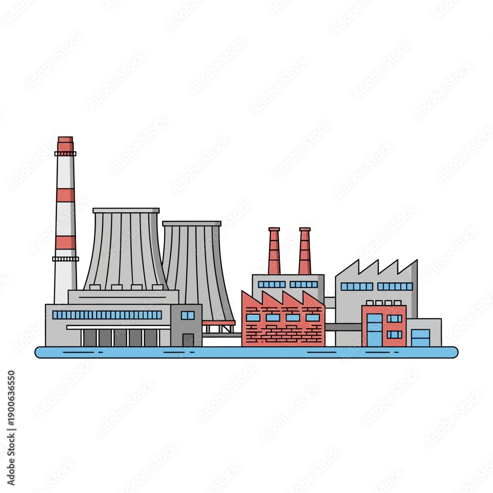 Obraz premium Modern Industrial Factory Complex with Cooling Towers and Chimneys, Vector Illustration