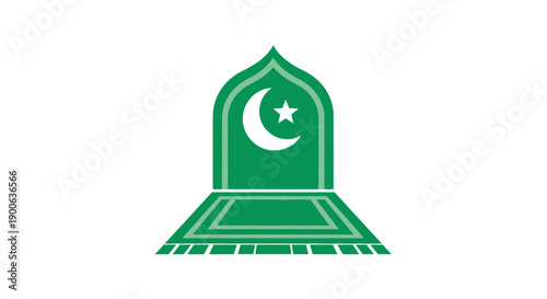 Islamic vector illustration of Ramadan prayer mat with crescent moon and star symbol on mosque, serene, peaceful atmosphere