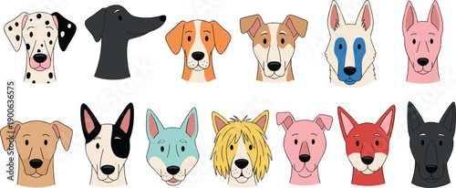 Dog breed face illustration set with various canine head portraits in flat vector cartoon style for pet care, kids design and animal graphics
