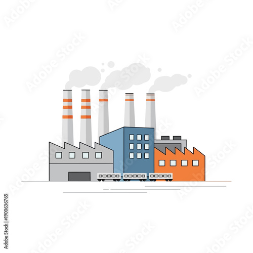 Industrial factory with smoking chimneys and train, vector illustration