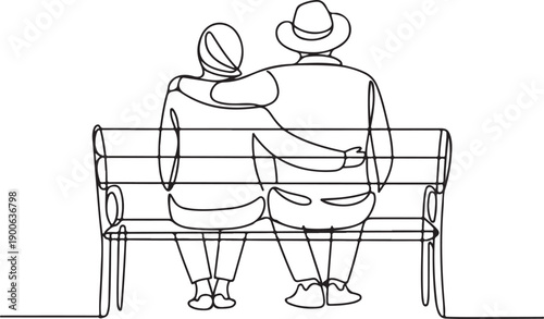 Elderly couple. Line art old woman man sitting on bench in city park back view vector illustration continuous line drawing. Happy grandparents