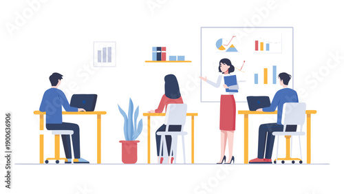 office team collaboration vector illustration, coworkers working on laptops, woman presenting on whiteboard, modern workspace for business or marketing, isolated on transparent background, png