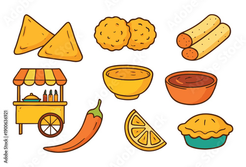 Indian Street Food Doodle Icon Set with Snacks Chaat and Samosa Vector