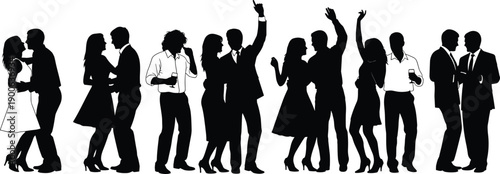 Party people silhouettes dancing, couples and friends celebrating nightlife, fun music event isolated white background illustration concept, vector design set