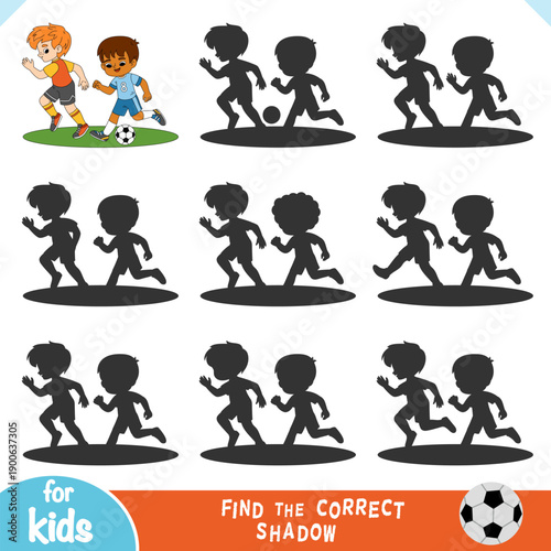 Find the correct shadow educational game for kids. Two cute football boys running and kicking ball. Fun logic worksheet for preschool activities and sporty children games.