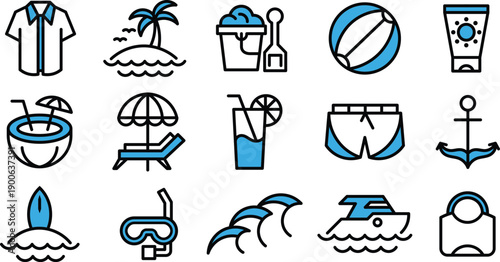 Tropical Beach and Travel Symbols Outline Vector Icons, Minimal Line Style for Website, UI UX