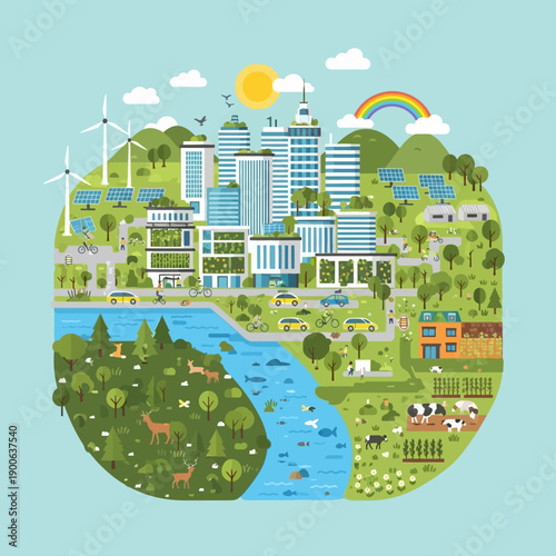Eco-friendly city landscape with nature, renewable energy, and sustainable living