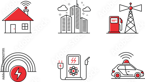 Smart city energy icons set, wireless home, urban buildings, fuel station, electric power, autonomous car technology vector illustration