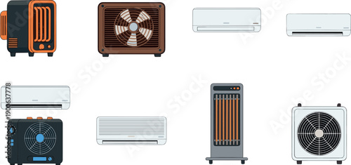 Home climate control appliances icon set with air conditioners, heaters and fans in flat vector style for cooling and heating design