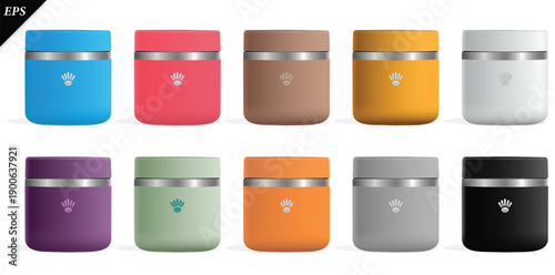 Set of colored Food Jar mug, Insulated Food Jar isolated on white background, vector illustration, realistic mug design, suitable for keeping meals hot or cold, Food Jar insulated mug realistic design