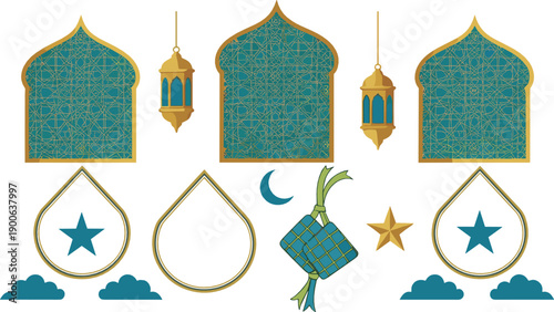 Islamic decorative arch and frame set with lanterns, crescent moon and ketupat elements, elegant flat vector illustration for Ramadan, Eid and cultural design