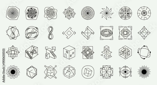 Collection of Geometric Abstract Symbols and Minimalist Sacred Shapes in Outline Style