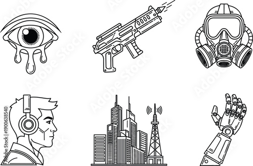Technology and sci fi icons collection, cyberpunk symbols, artificial intelligence, weapons, robotics, surveillance concept line art illustration isolated