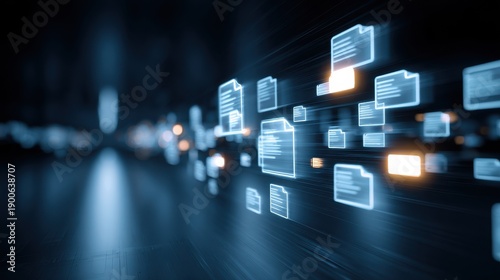 Abstract futuristic digital data flow with glowing document icons and blurred background