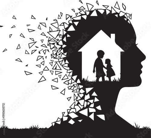 Human Silhouette with Shattering Mind and House Icon Representing Alzheimer's Disease, Memory Loss, or Childhood Nostalgia