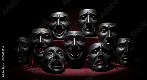 🎭 Masks of Emotion: A captivating arrangement of theater masks, each meticulously crafted to depict a distinct expression, revealing the spectrum of human feelings.