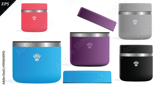 Set of colored Food Jar mug, Insulated Food Jar isolated on white background, vector illustration, realistic mug design, suitable for keeping meals hot or cold, Food Jar insulated mug realistic design