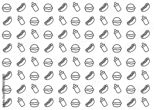 Burger and hotdog illustration pattern with black outline and white background, food packaging, menu illustration	