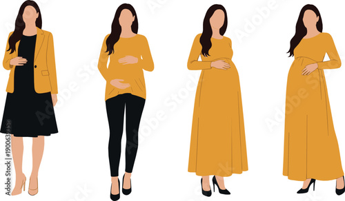 Pregnant woman fashion character set with different outfits and poses, maternity lifestyle concept, elegant modern flat vector illustration for healthcare and family design