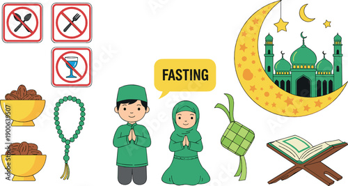Ramadan fasting and Islamic worship elements set with mosque, prayer, Quran and symbols, colorful flat vector illustration for religious education and cultural design
