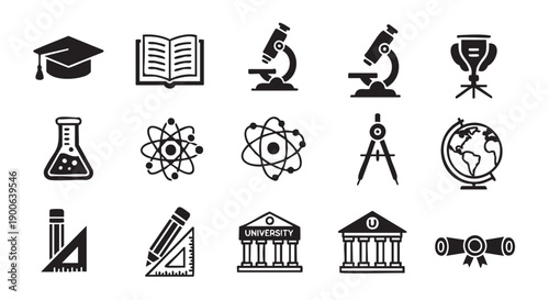 Collection of educational and scientific icons isolated on transparent background