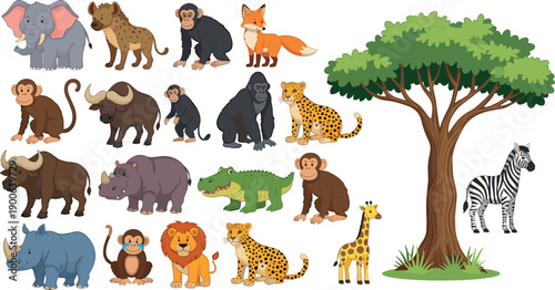 Safari and jungle animals illustration set with elephant, lion, giraffe, zebra and monkey in colorful flat vector cartoon style for kids education