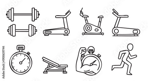 Collection of fitness and exercise equipment icons isolated on transparent background