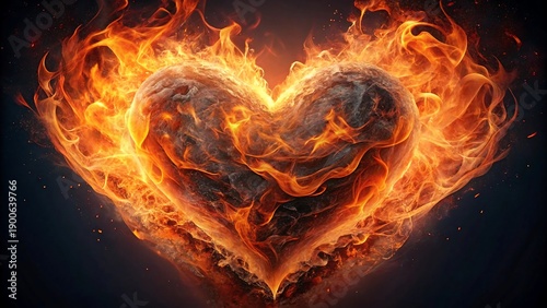 A fiery heart engulfed in flames against a dark background