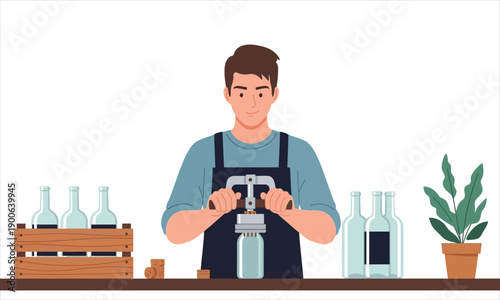 Manual Bottle Corking and Small Batch Packaging Process Vector Illustration