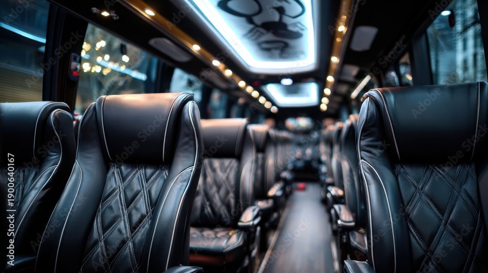 Obraz premium Interior of a luxury motorcoach featuring premium black leather quilted seats and stylish ambient lighting.
