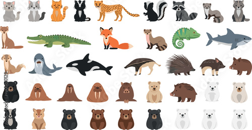 Wild and domestic animal illustration set with mammals, sea animals and pets in colorful flat vector cartoon style for education and kids design