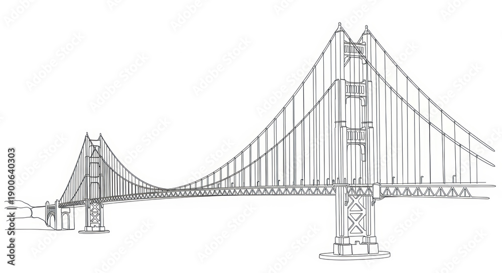 Obraz premium Black and white line art sketch of an iconic suspension bridge, a famous architectural landmark over water