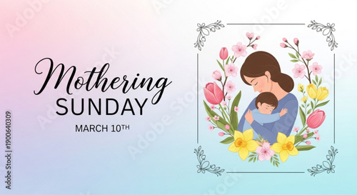 Mothering sunday illustration of a mother and baby surrounded by colorful flowers on a pastel background