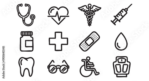 Collection of medical and healthcare related icons isolated on transparent background