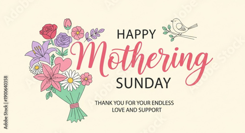 Mothering sunday card with colorful bouquet flowers and bird happy mothering sunday message
