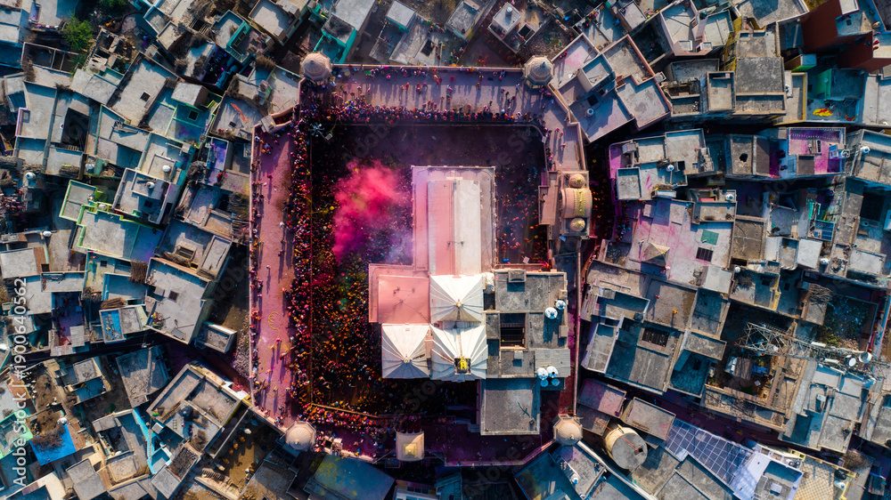 Fototapeta premium aerial shot of Barsana temple uttar pradesh during holi festival in india