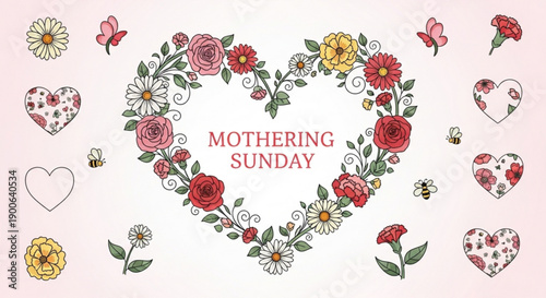 Heart shaped floral wreath with 'mothering sunday' text and various flowers hearts and butterflies on pink background
