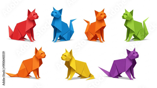 Colorful cat figurines arranged in a grid pattern on a surface viewed from directly above