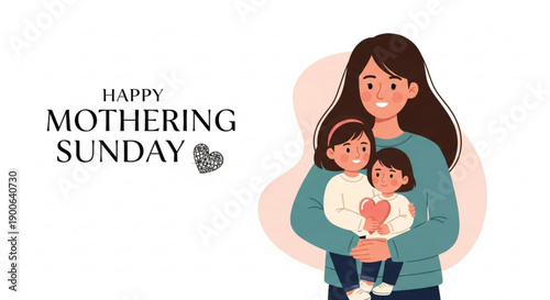 Mother and two daughters celebrate mothering sunday with love and hearts