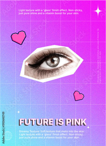 Y2K Aesthetic Beauty Poster with Cyber Eye, Pixel Hearts and Retro Futuristic Grid Design