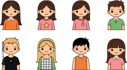 Cute kids avatar face character set with boys and girls, simple smiling expressions, colorful cartoon flat vector illustration for profiles, apps and children design