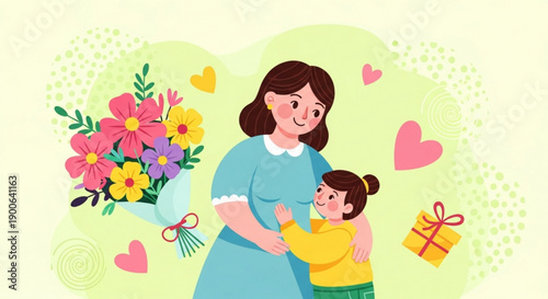 Mother and child sharing a warm hug with flowers and gifts on a heartwarming background