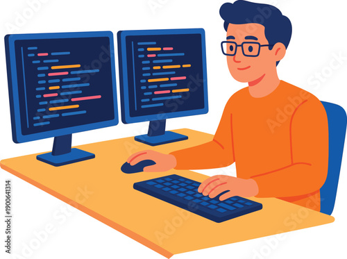 A man coding on two computer monitors at a desk, focused on his work.