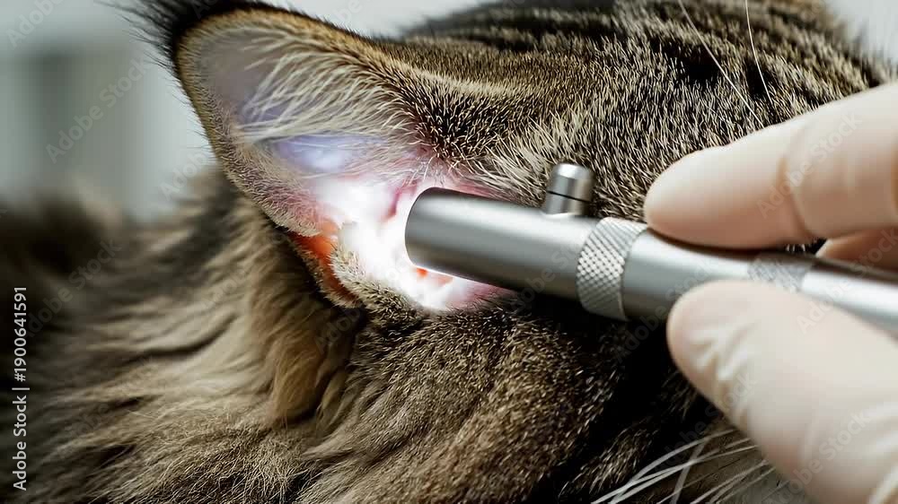 Close-up of a veterinarian examining a cat’s ear with an otoscope ...