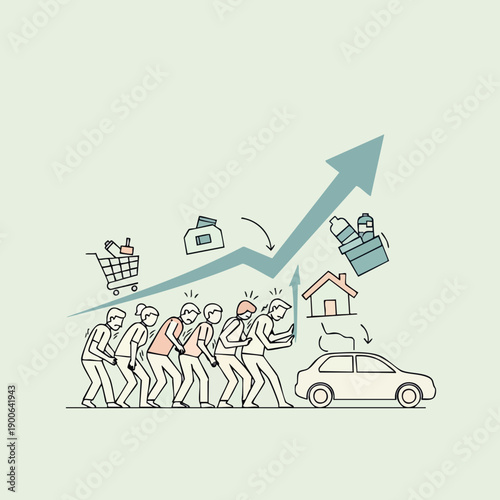 Simple Outline Illustration Economic Burden People Pushing Increasing Arrow