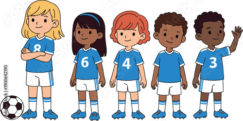 Cute kids soccer team character set with diverse children in blue uniforms, teamwork and sports spirit, cheerful cartoon flat vector illustration for children design