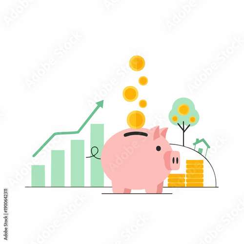 Flat Design Piggy Bank Savings with Growth Chart and Coins Illustration