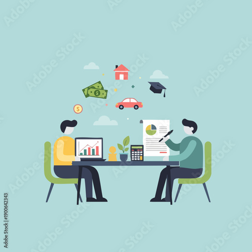 Flat Illustration of Financial Advisor Meeting for Investment Planning Services