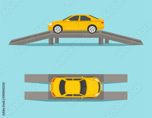 Isolated yellow sedan car on a designated vehicle inspection or technical checks ramp. Side and top view. Flat vector illustration template.